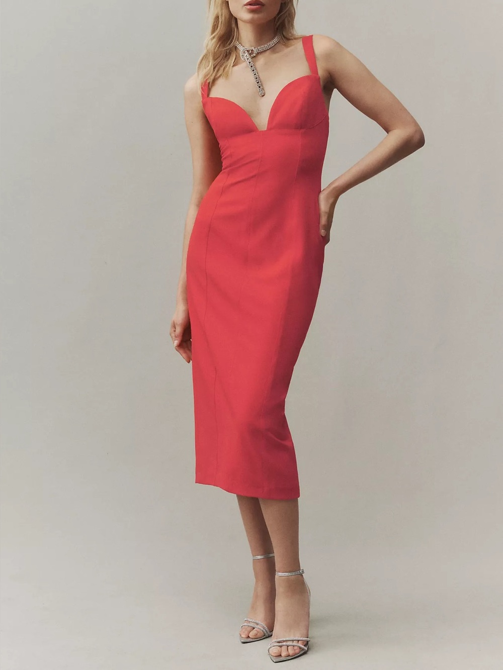 BHLDN Sage Sweetheart Stretch Crepe Midi Dress in Red Glow